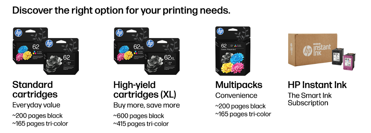 Discover the right option for your printing needs. HP 62 and 62XL ink cartridges including standard, high-yield XL, and multipack options, plus HP Instant Ink subscription. Black yields up to 600 pages; tri-color up to 415 pages