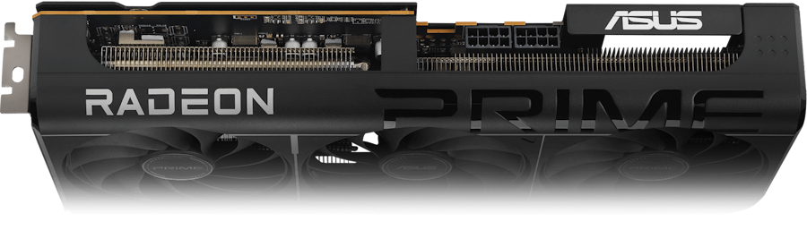 Angled top down view of the Prime Radeon RX 9070 EVO graphics card hero angle