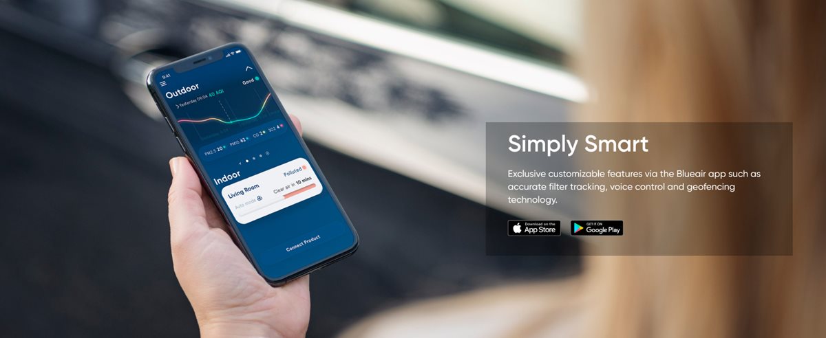 Simply smart technology showing user with mobile phone using Blueair app