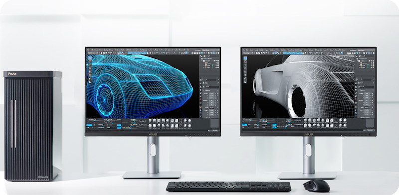 A desktop setup with two monitors showing different 3D designs, connected to the device with various port options.