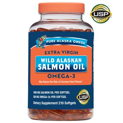 Hình ảnh chai sản phẩm thực phẩm chức năng Pure Alaska Omega Wild Alaskan Salmon Oil 1000mg, 210 viên nang mềm mới, có logo USP.