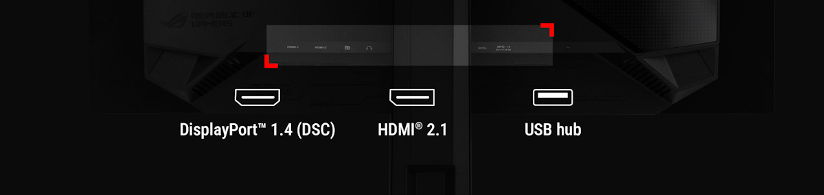 The rear panel of the PG32UCDP features DisplayPort 1.4, HDMI 2.1 and a USB hub.