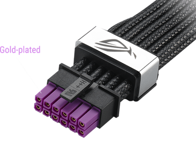 ROG Equalizer purple designed 12V-2x6 PCIe cable connector close-up shot