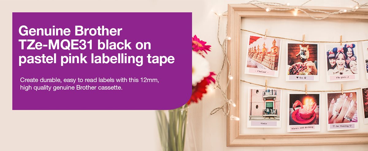 Genuine Brother TZe-MQE31 black on pink labelling tape