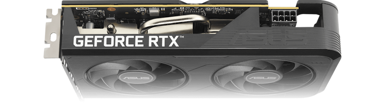 Angled top down view of the card ASUS Dual GeForce RTX 5050 graphics card