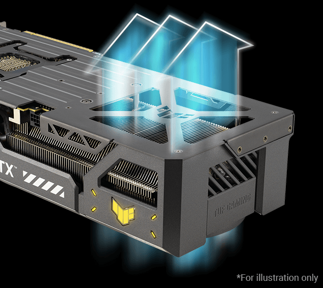 Graphic depicting how airflow passes through the vented exoskeleton of the TUF Gaming RTX 5070
