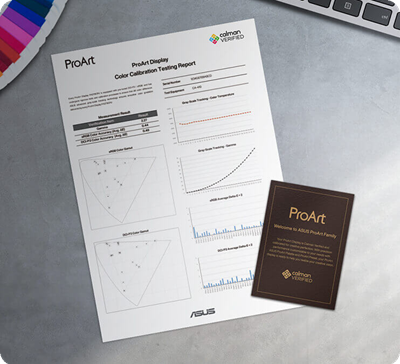 Color calibration report on a gray surface, featuring charts, data, and 'calman VERIFIED' logo. Beside it, a 'ProArt' welcome card.