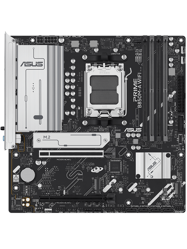 PRIME B850M-A WIFI Motherboard Vorderansicht, schwebend im Raum.