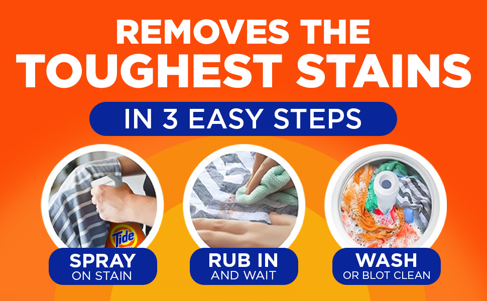 Removes the toughest stains in 3 easy steps: Spray, Rub In, Wash