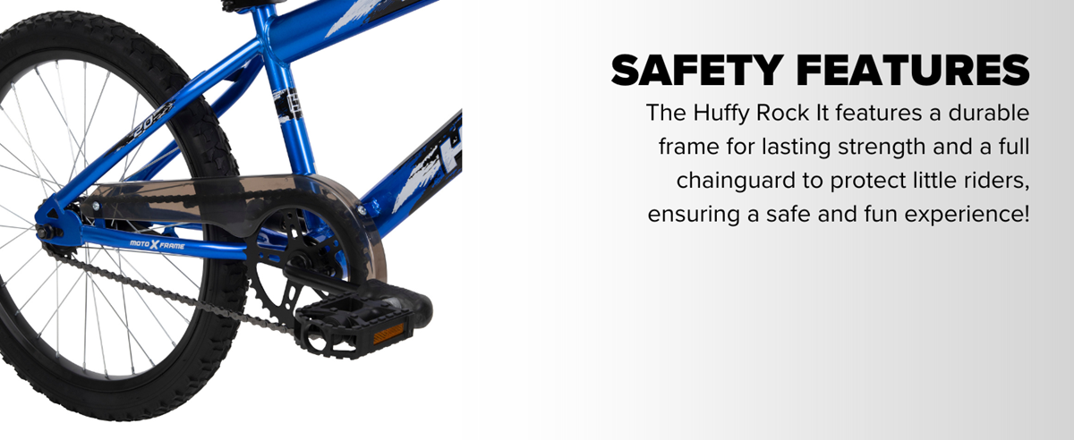 Detail shot of the chainguard on the Huffy Rock It kid's bike and it outlining it's safety features