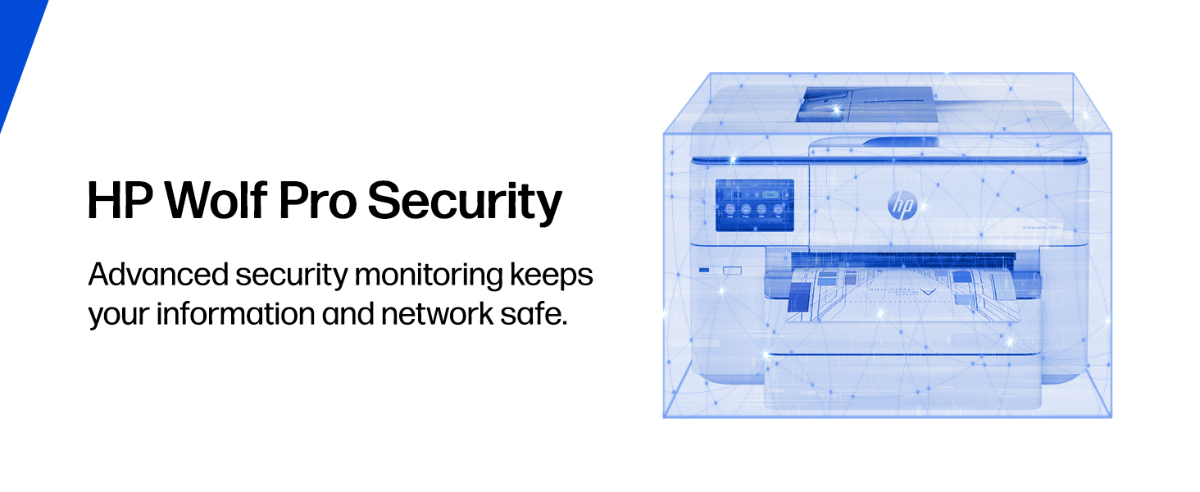 An informational banner highlights "HP Wolf Pro Security" alongside an illustration of an HP printer enclosed in a protective blue digital cube.