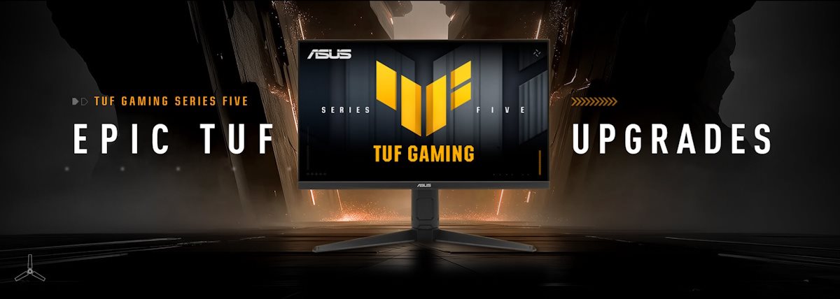 The TUF Gaming monitor VG27UQEL5A displaying vibrant, colorful graphics with the TUF logo at its center.