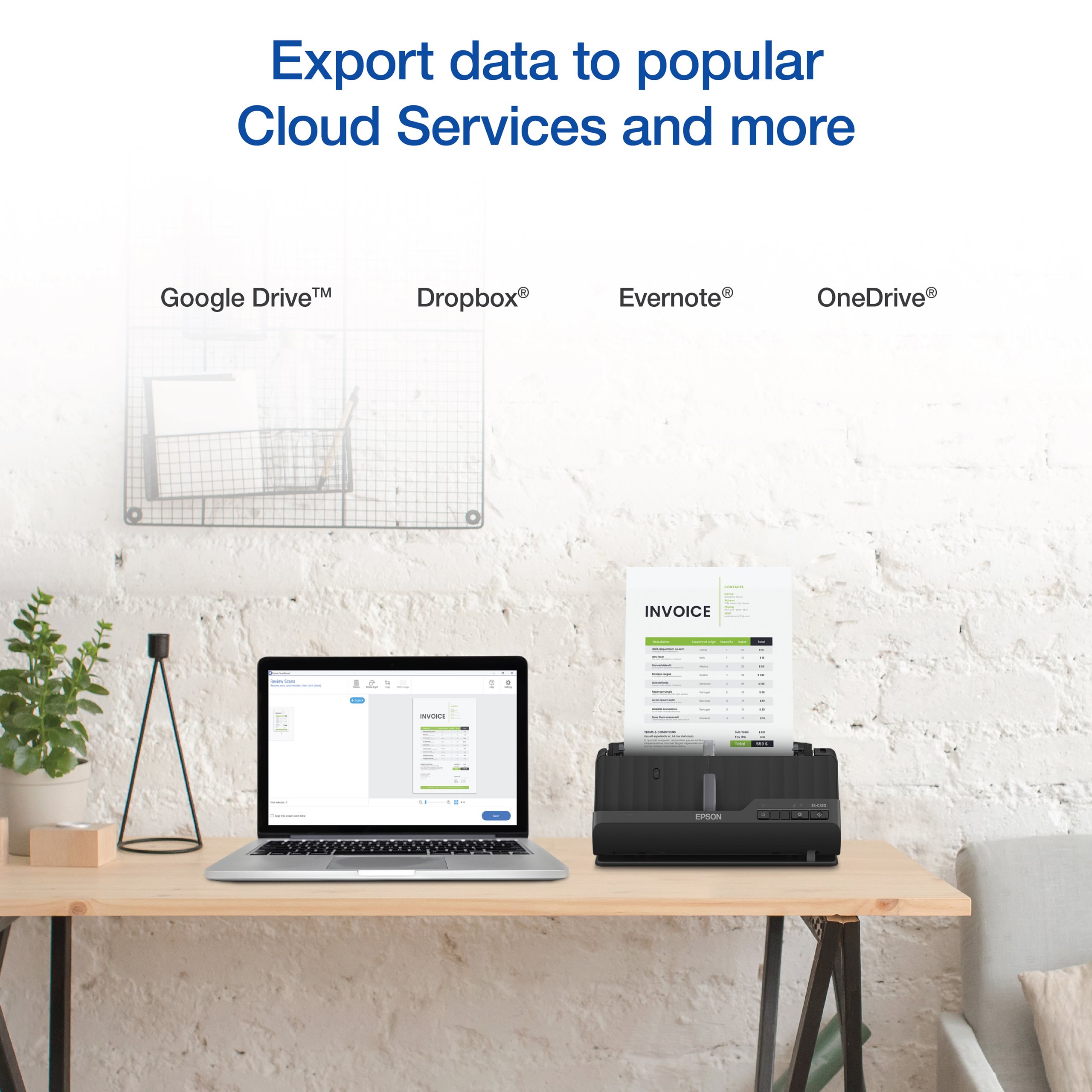 slide 7 of 7, show larger image, es-c220 scanner exports data to popular cloud services