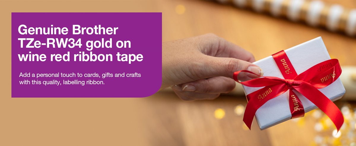 Genuine Brother TZe-RW34 gold on wine red ribbon tape
