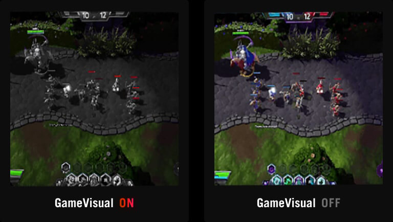 Screenshot eines MOBA-Spiels, nur der Gesundheitsbalken des Gegners ist farbig, die anderen Bildschirmelemente sind schwarz-weiß. / Screenshot eines MOBA-Spiels