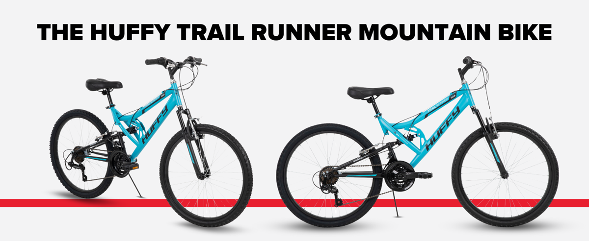 Angle and side profile image of the Huffy Trail Runner bike on a plain gray background