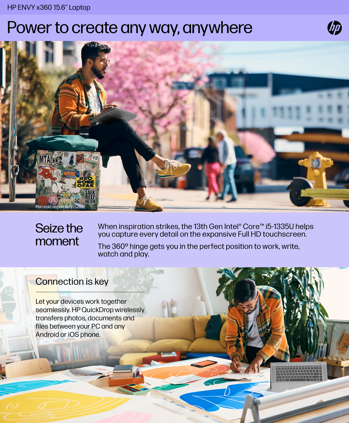 Man uses HP ENVY 15" x360 Convertible Laptop to draw digitally. Man sketches at work table with HP ENVY 15.6" x360 2-in-1 propped up in front of him in tent mode.