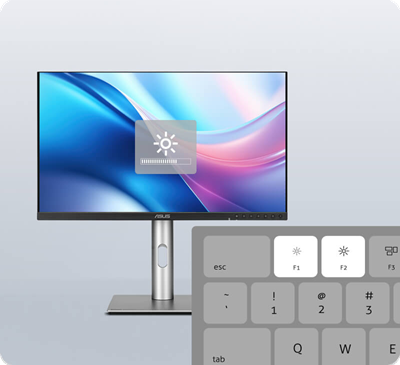 ProArt Display shows a brightness icon on a colorful swirl background. Enlarged keyboard section highlights F1 and F2 keys.