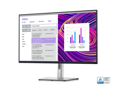 Bild eines Dell Monitors P3223DE mit violettem Hintergrund, einem E-Mail-Posteingang und einem Dashboard auf dem Bildschirm