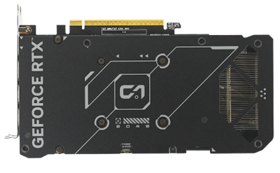 Close-up view of a GeForce RTX graphics card's protective backplate.