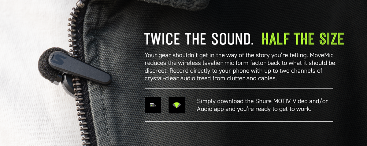 Shure MoveMic wireless lavalier system with direct to phone capability and optional receiver for DSLR or Mirrorless camera use or third part phone applications