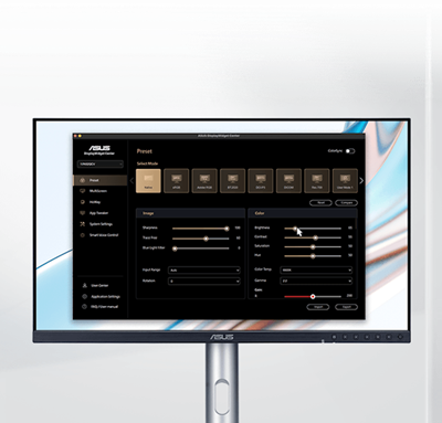ProArt Display showing the ASUS DisplayWidget Center interface for macOS, featuring adjustable settings.