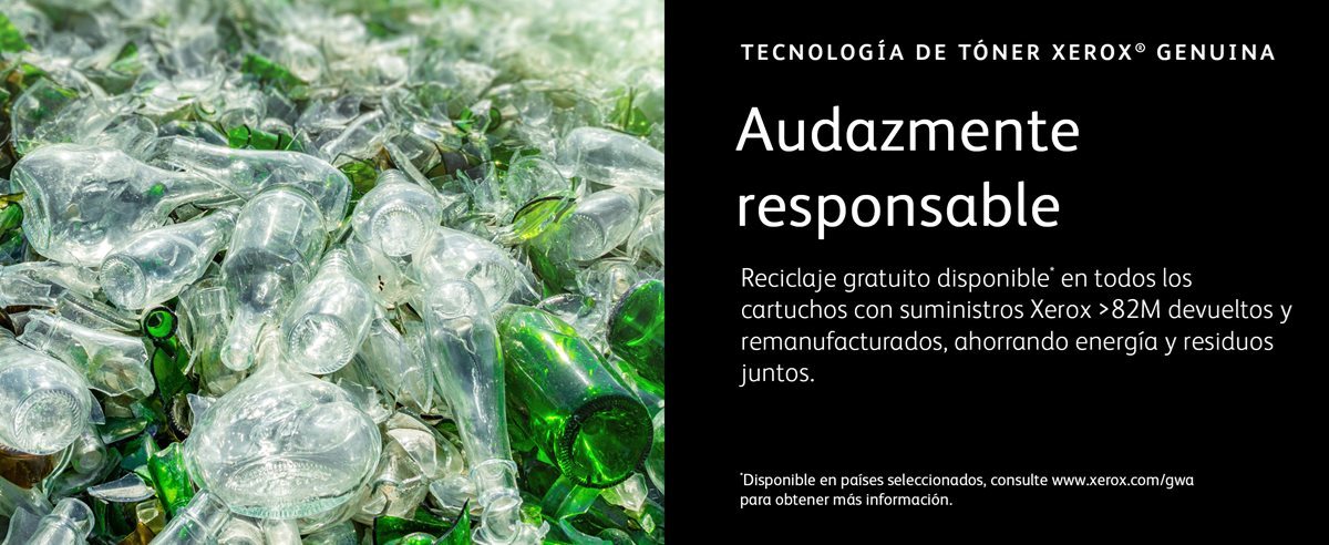 Fondo de botellas de vidrio verde y transparente recogidas para su reciclaje * El programa de reciclaje de Xerox Green World Alliance está disponible en países seleccionados, consulte www.xerox.com/gwa para obtener más detalles.