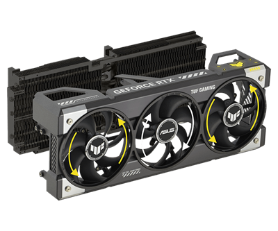 Graphics card fans with arrows indicating different directions of spin