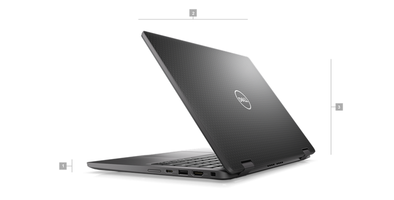 Imagen de una laptop Dell Latitude 14 7430 con la parte posterior visible y números del 1 al 3 que indican las dimensiones y el peso del producto.