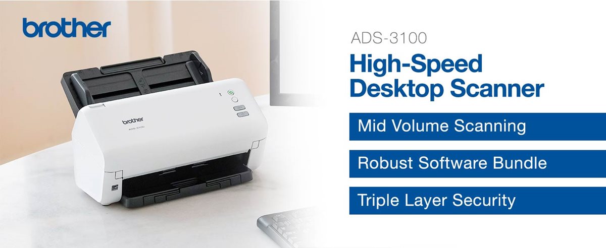 Brother ADS3100 High-Speed Desktop Scanner: Mid Volume, Software Bundle, Triple Layer Security