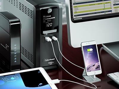 CyberPower BL1450U Battery Backup UPS is equipped one USB-A charge port, and one USB-C charge port to rapidly charge electronics