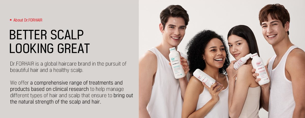 A group of young, vibrant, happy men and women with full looking hair posing together and holding up the bottles of Dr. for Hair products. Image is used to correlate happier clientele with full hair and healthier scalps.