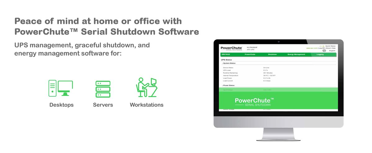 Included PowerChute software is available to set up automatic graceful shutdown of a connected PC in the event of an extended power outage.