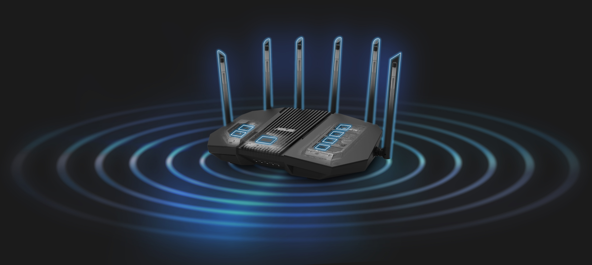 RT-BE90U front angled transparent view, showing CPU, FEMs and four external antennas