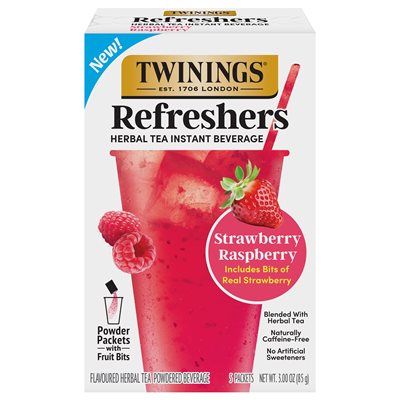 Twinings Strawberry Raspberry Refreshers,  Fruity Herbal Instant Tea Mix Pouch, Caffeine-Free, Café Style, 30/Carton (TNA56046)