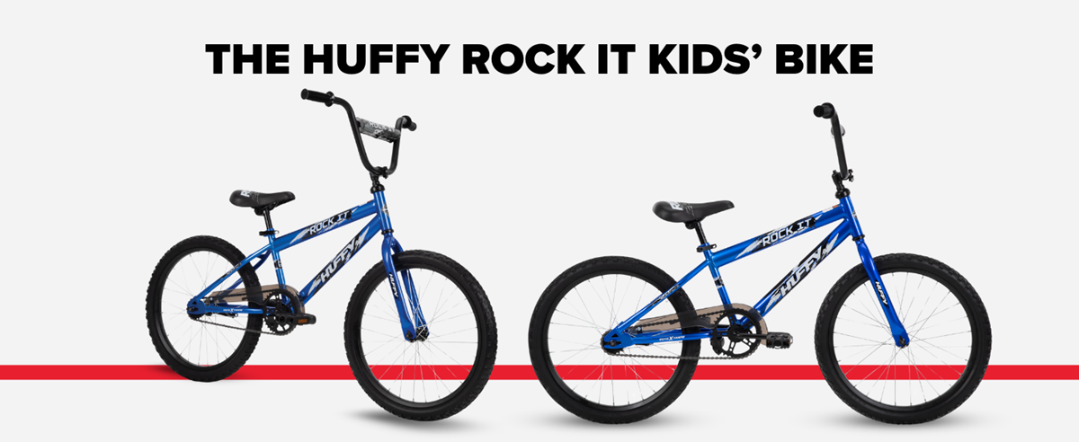 Angled image and side profile of the Huffy Rock It Kid's Bike on a gray background