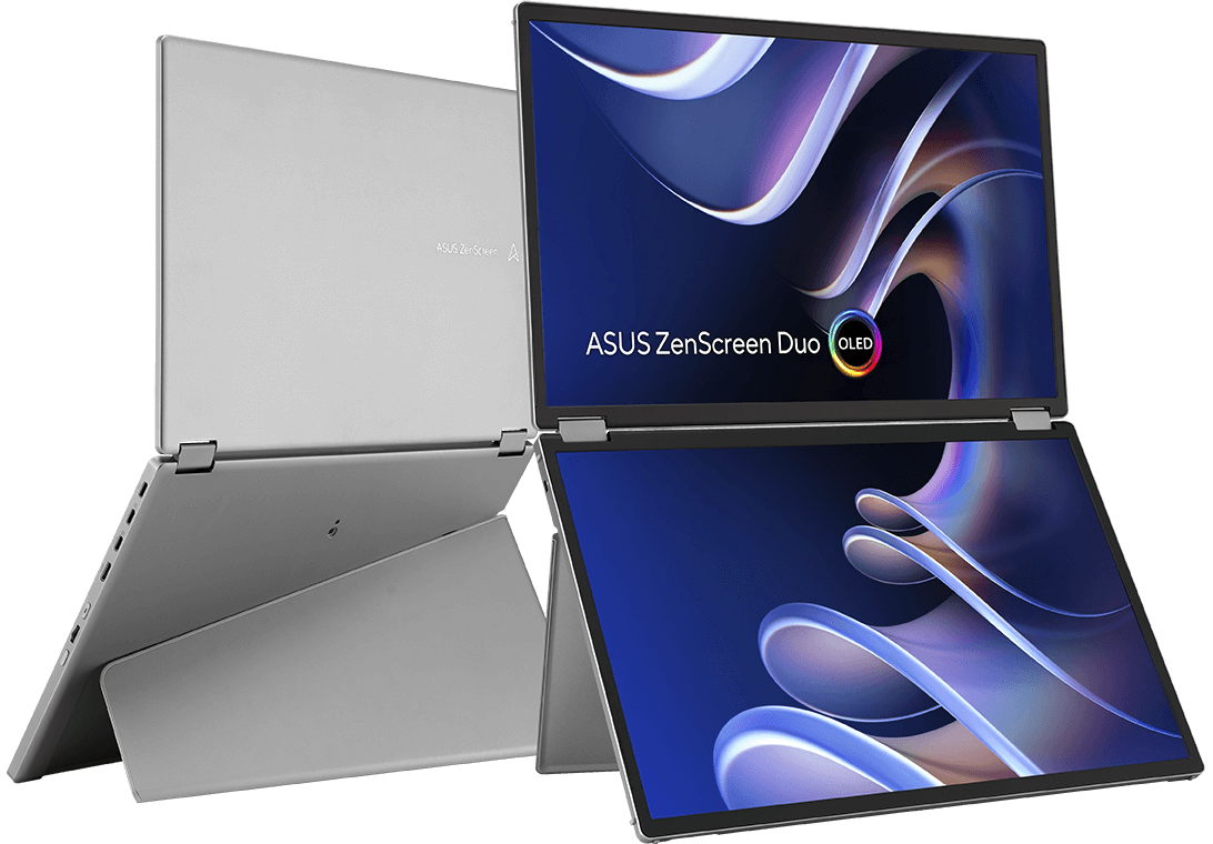 Das Bild zeigt den tragbaren Monitor ZenScreen Duo OLED MQ149CD aus zwei Blickwinkeln. Der eine zeigt die Vorderseite mit zwei übereinander angeordneten Bildschirmen mit lebendigen, hochauflösenden Displays und einem schlanken, metallischen Design, während der andere den integrierten Kickstand auf der Rückseite des Bildschirms zeigt