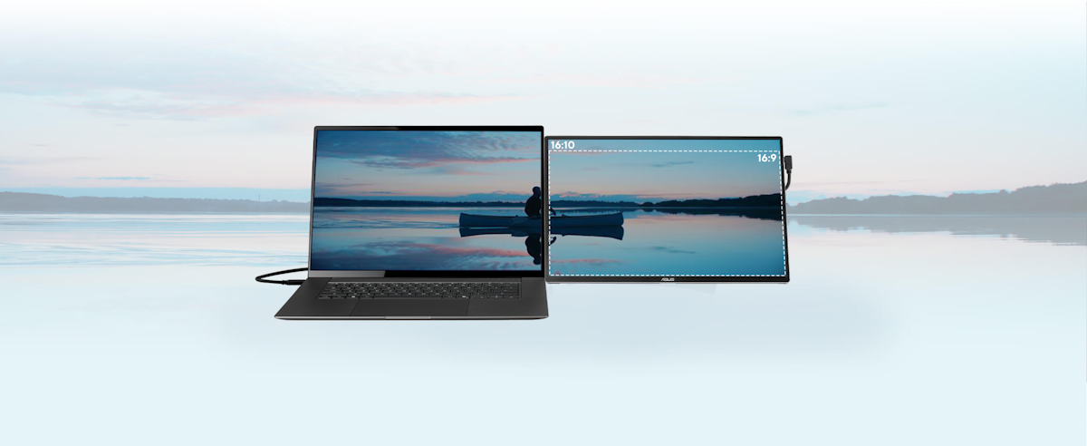 Showing a seamless viewing angle working setup of a ZenBook and ZenScreen MB16FC in a front side