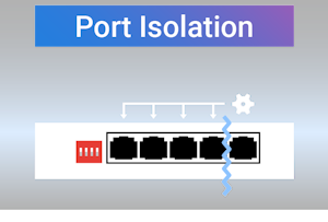 A picture shows how port isolation mode works. When activated, port 1 to 4 are isolated with each other, while communicable with port 5.