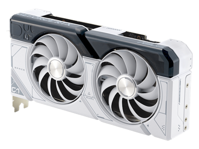 Angled top down view of the card ASUS Dual GeForce RTX 4070 SUPER White Edition graphics card