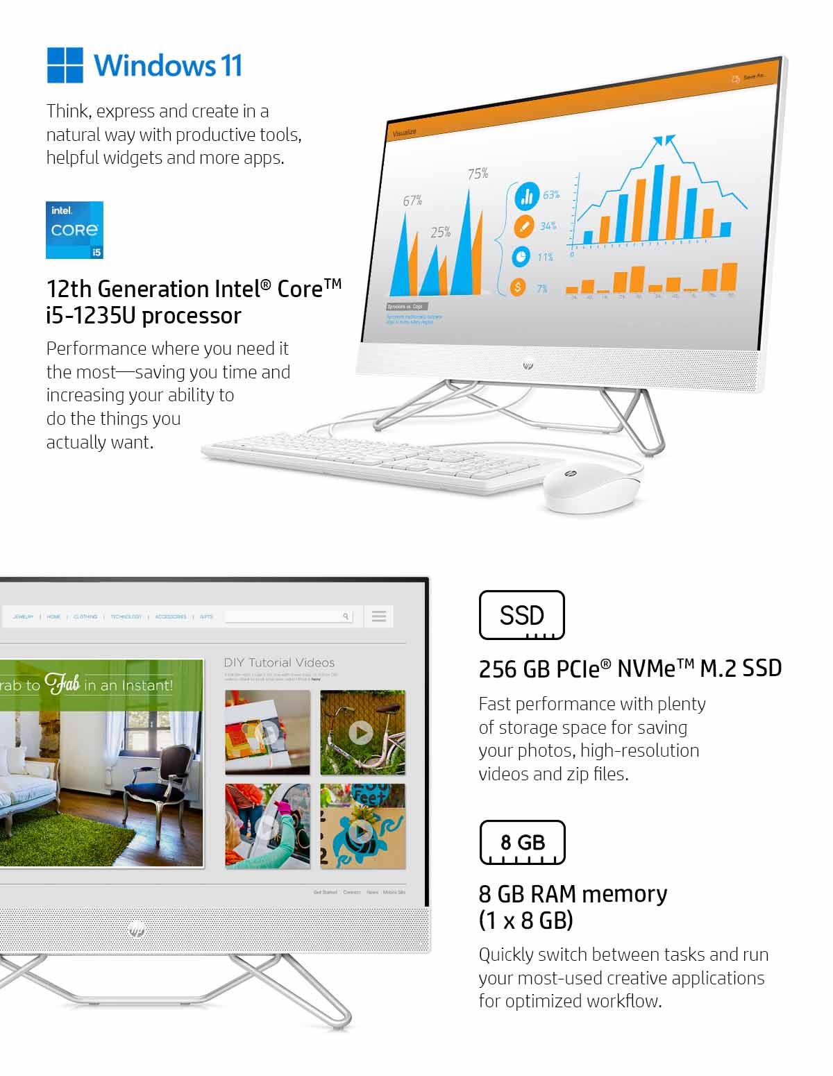 White PC shows DIY tutorial videos and work-related graph.