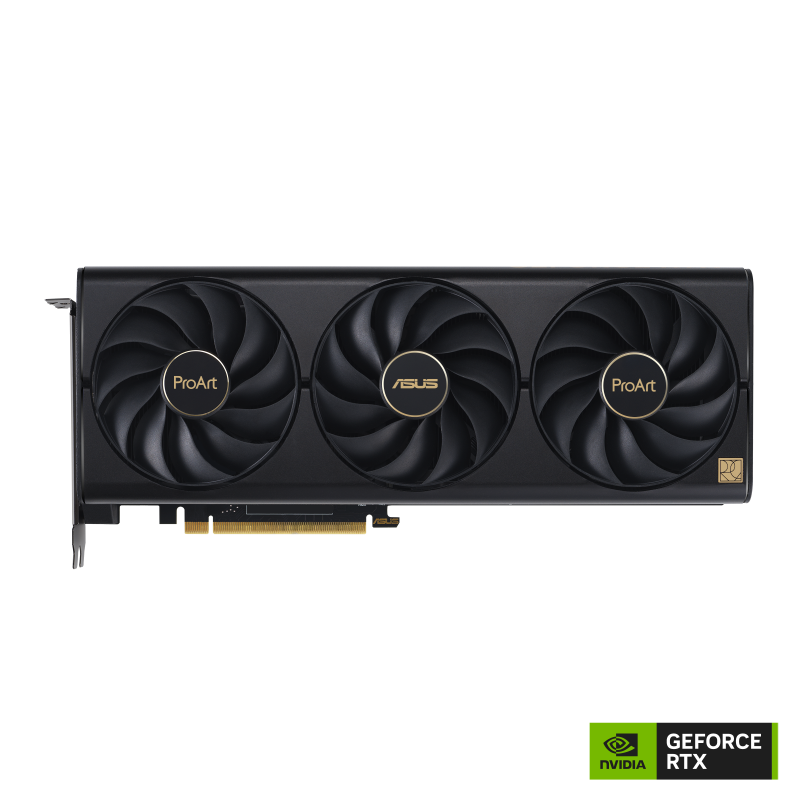 slide 1 of 13, show larger image, front side of the asus proart geforce rtx 4080 super graphics card with logo