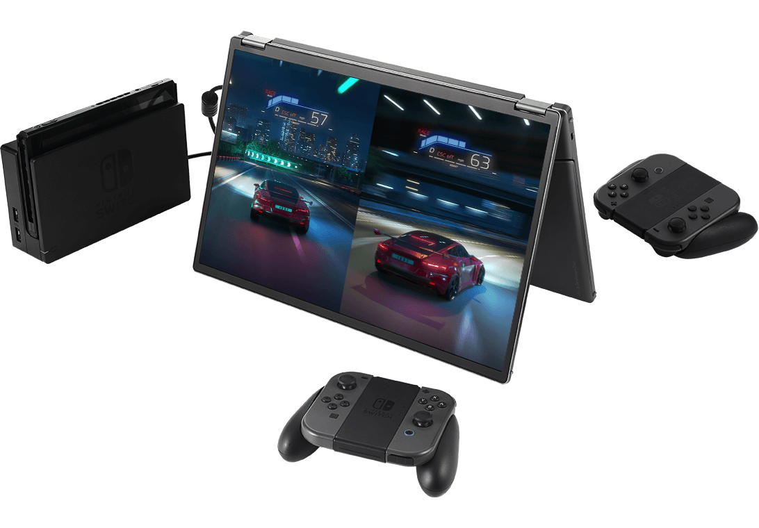 Der MQ149CD wird über Mini-HDMI an die Spielkonsole angeschlossen und zeigt zwei Spielern, die sich gegenüberstehen, ein gespiegeltes Rennspielbild an