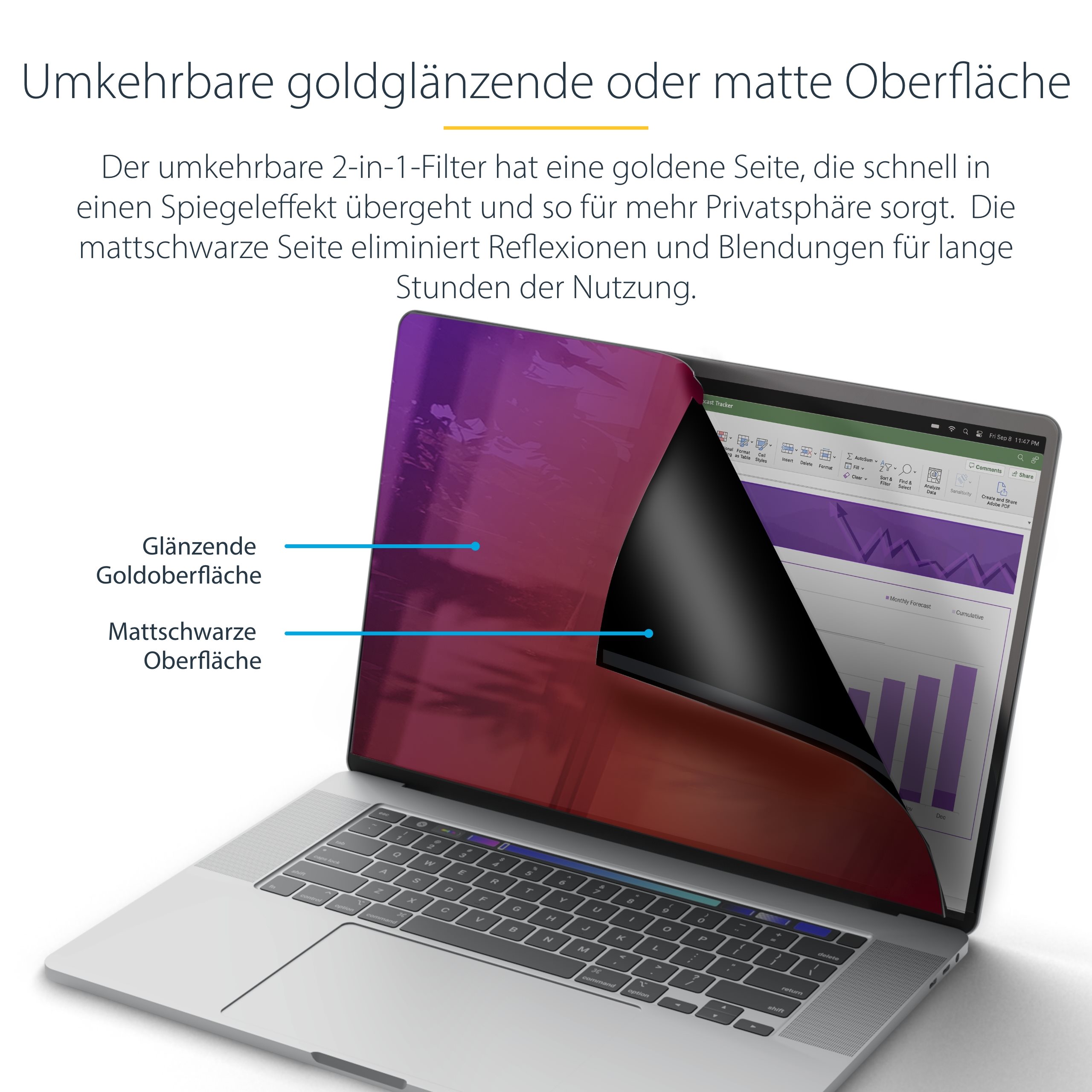 folie 3 von 8, vergrößern, 14 zoll macbook pro 21/23 blickschutz, doppelseitiger laptop goldfilter mit erhöhtem sichtschutz, +/- 30 grad (142mg-privacy-screen)