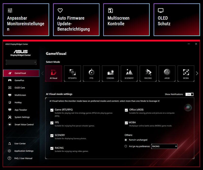 Screenshot der neuen ASUS DisplayWidget Center UI mit Systemeinstellungen, OLED-Funktionen und mehr.