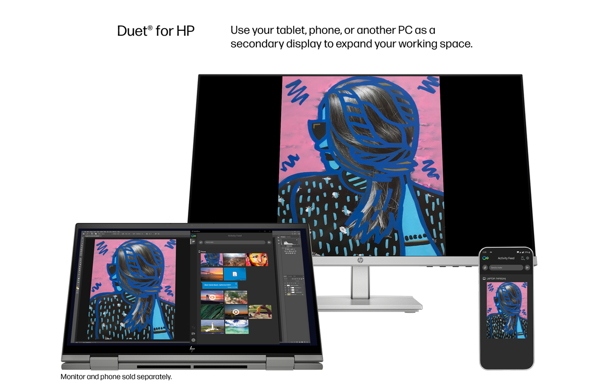 Laptop, monitor, and phone show the same media