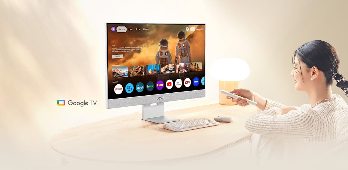 A young female professional enjoy various entertainment content on Google TV with the ASUS ZenScreen Smart Monitor MS32UC with Google TV logo icon.