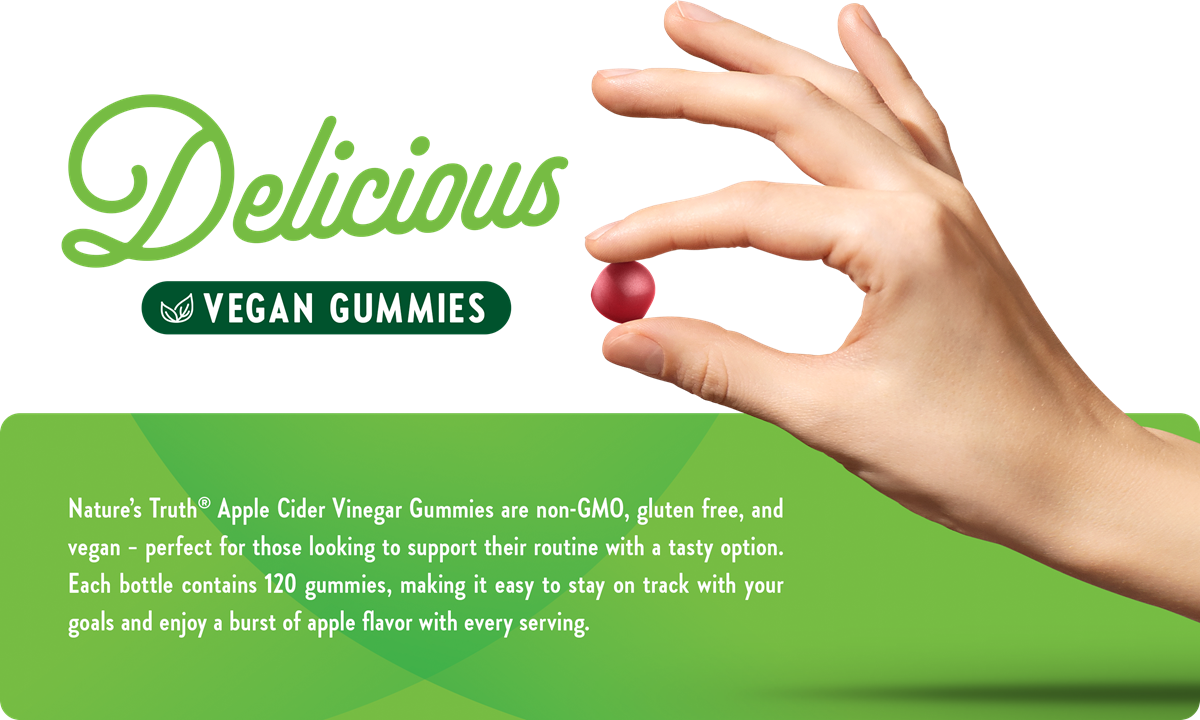 Delicious Vegan Gummies Nature’s Truth® Apple Cider Vinegar Gummies are non-GMO, gluten free, and vegan – perfect for those looking to support their routine with a tasty option. Each bottle contains 120 gummies, making it easy to stay on track with your goals and enjoy a burst of apple flavor with every serving.