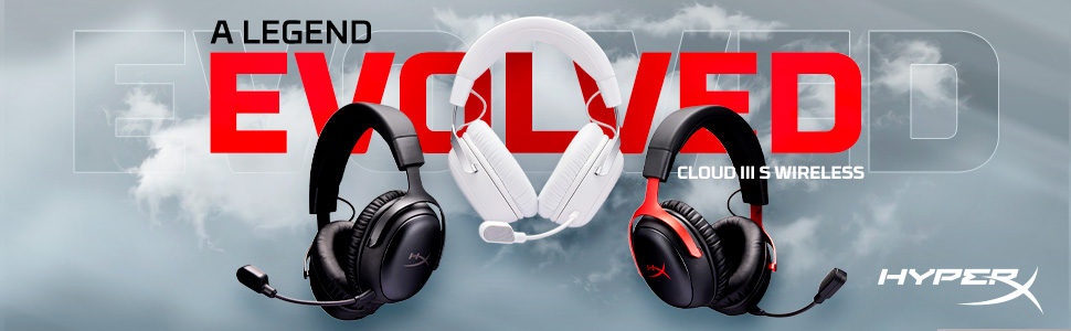 3 HyperX Cloud III S headsets of different colors floating with the tagline A Legend Evolved
