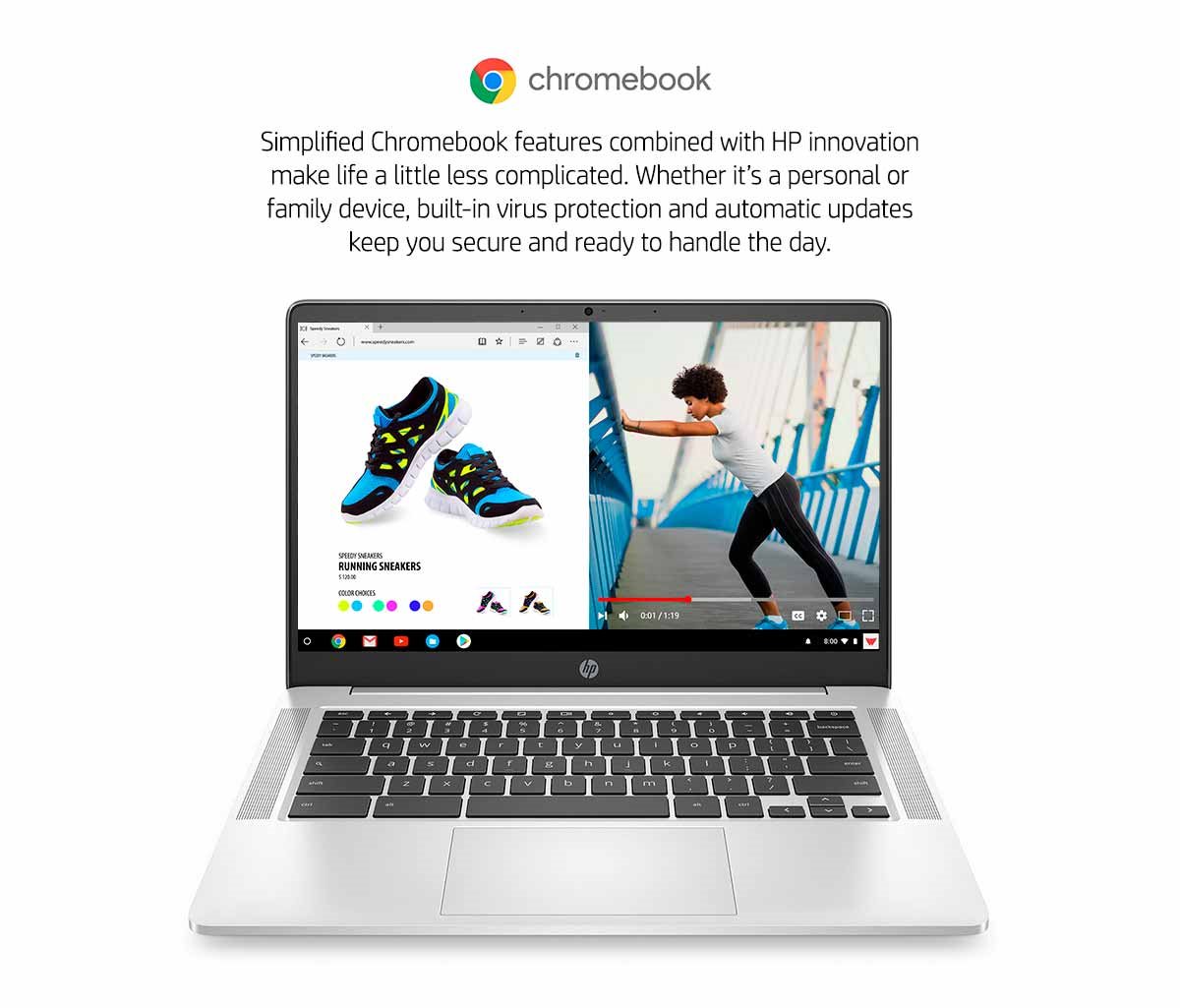 Silver Chromebook 14 shows a sneaker focused website.